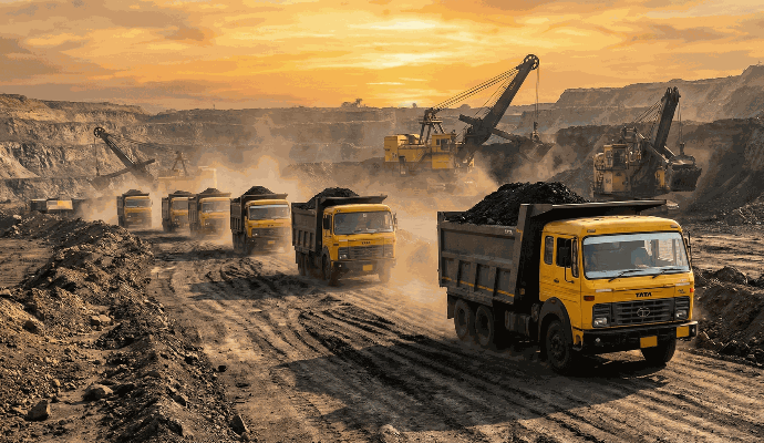 "Heavy duty tipper trucks transporting raw material in an Indian mining zone by Laja Logistics."