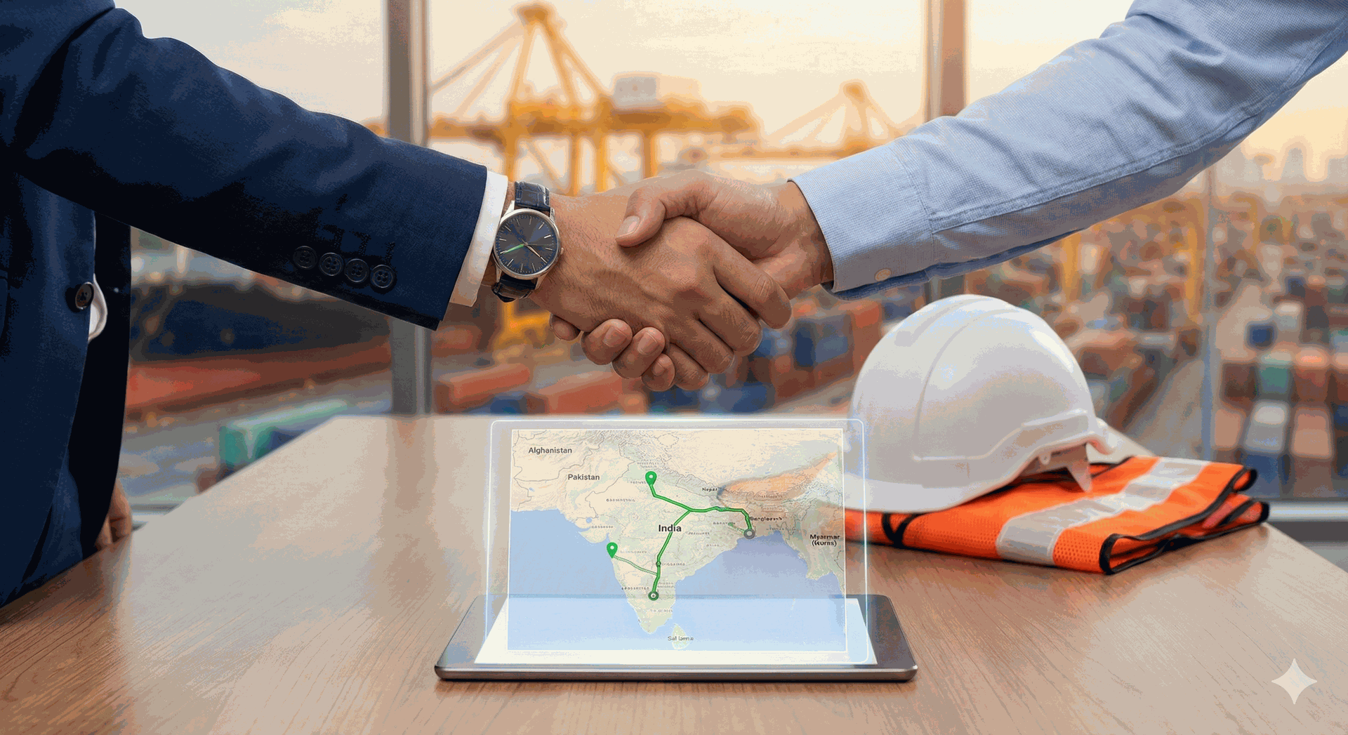 Professional handshake over a GPS tracking tablet and safety gear, symbolizing Laja Logistics' commitment to trust, transparency, and safety."