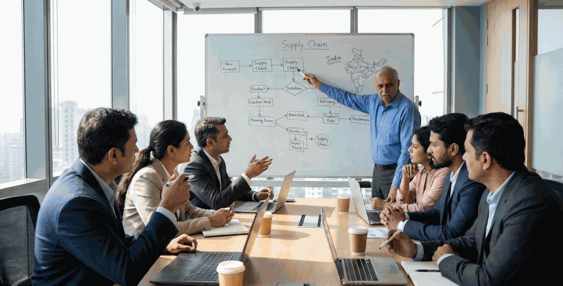 Senior management team at Laja Logistics planning supply chain strategies and logistics routes in Mumbai office."