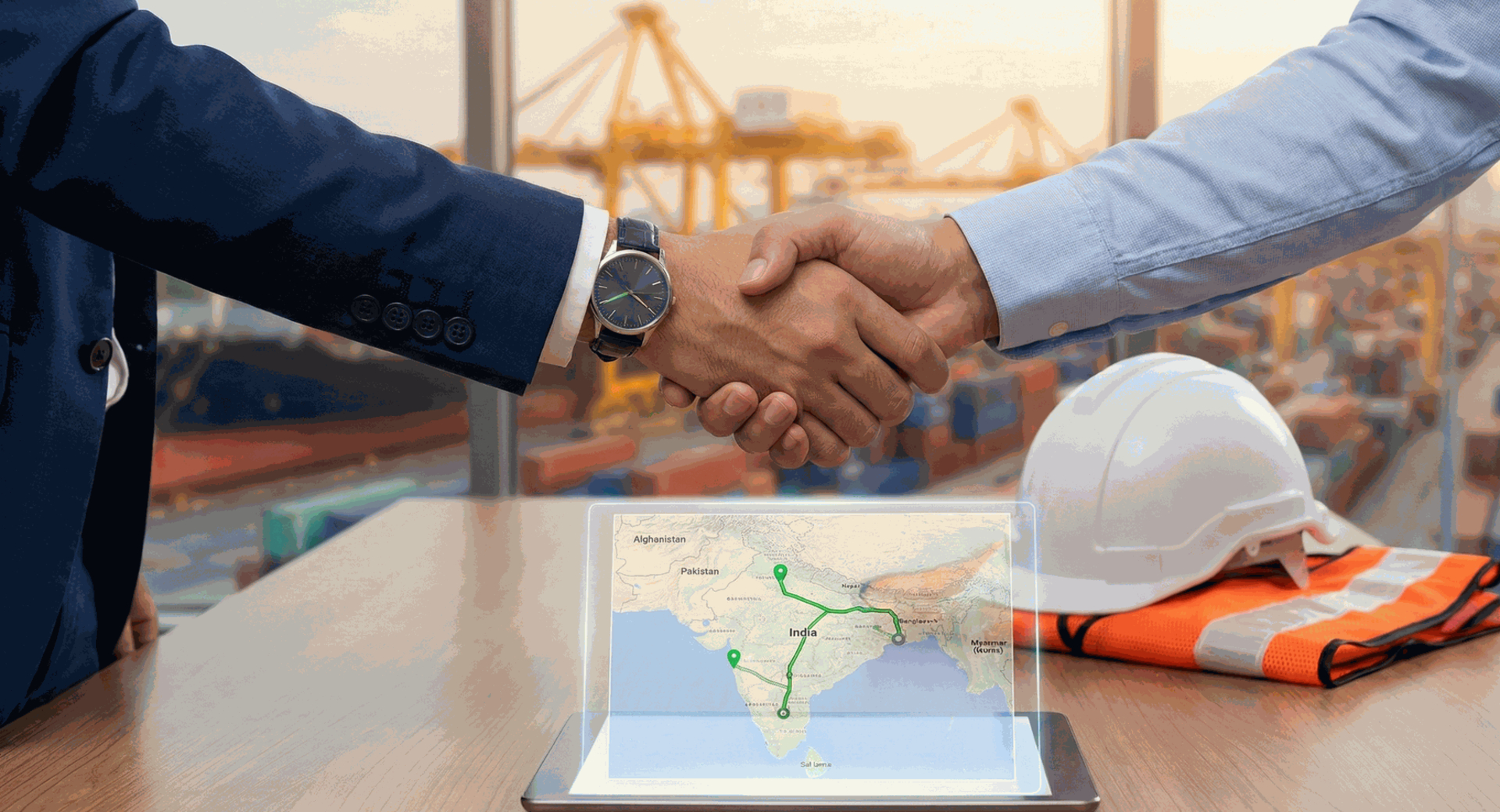 Professional handshake over a GPS tracking tablet and safety gear, symbolizing Laja Logistics' commitment to trust, transparency, and safety."
