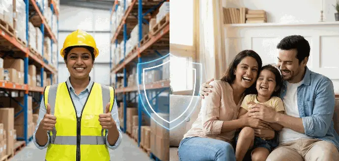Split image showing workplace safety alongside a happy family, representing Laja Logistics' health insurance and safety policies."