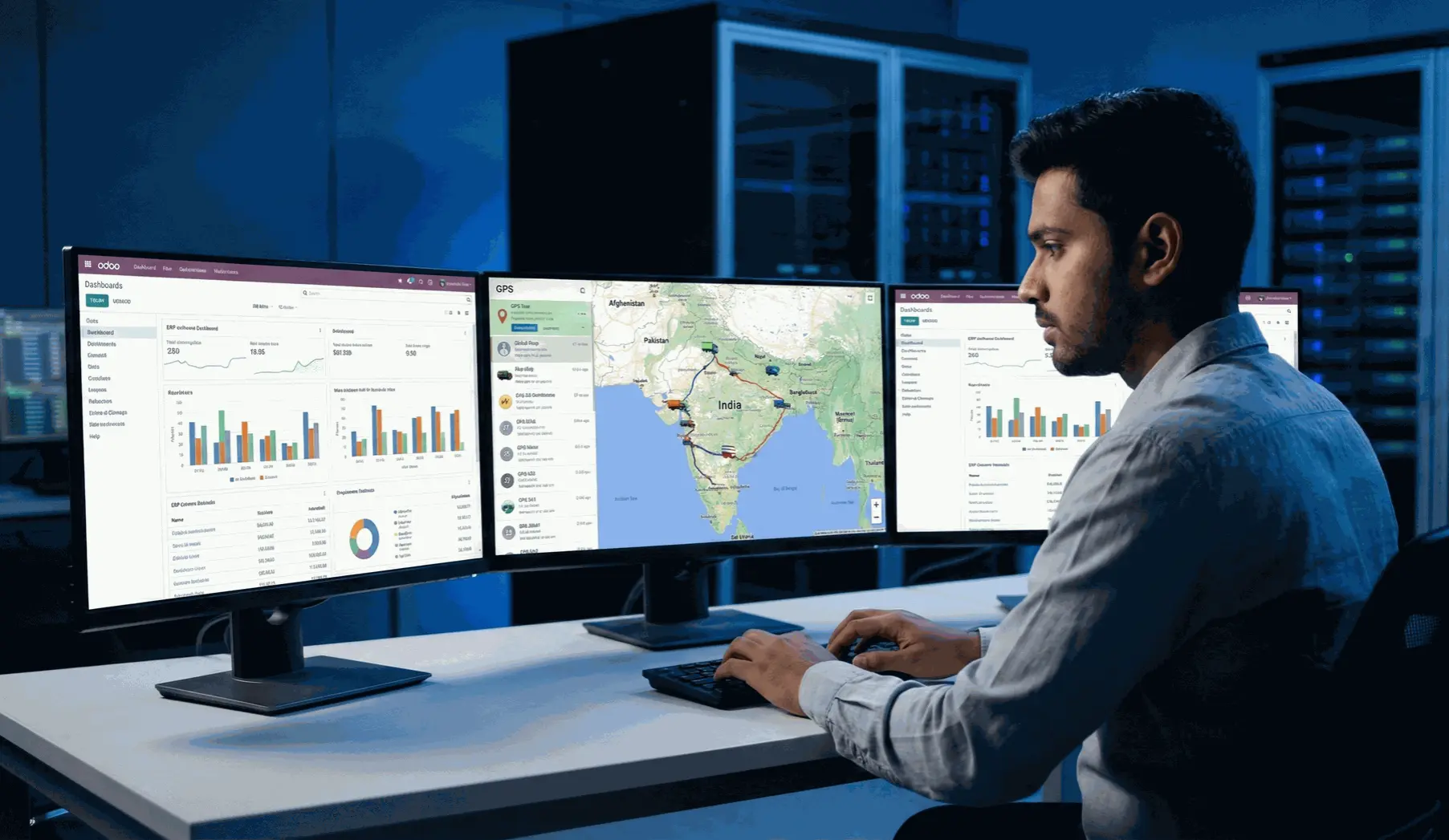 "Employee working on multiple screens with advanced logistics software and GPS tracking, highlighting technology learning opportunities."