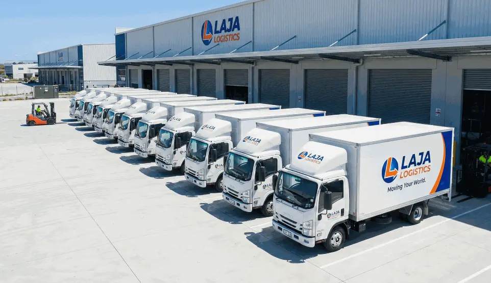"Laja Logistics truck moving on highway, representing fast, reliable, and efficient supply chain solutions in India."