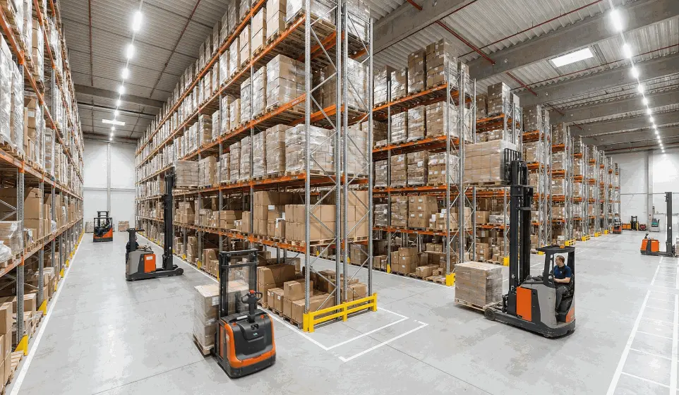 "Interior of a modern logistics warehouse with tall shelves and forklifts, showing secure storage and inventory management solutions."