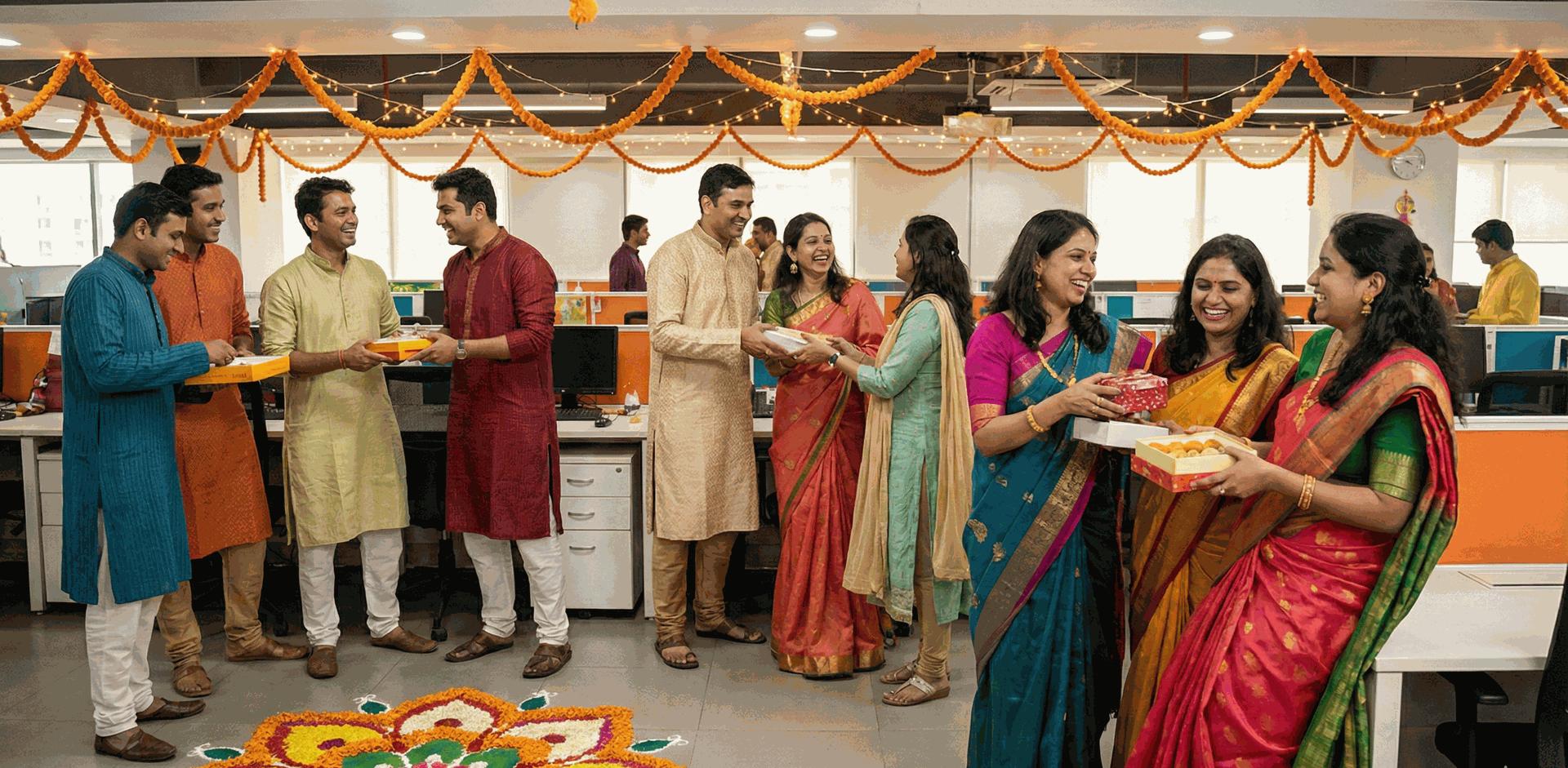 Joyful employees celebrating Diwali in traditional attire at the Laja Logistics office, showcasing a vibrant team culture."