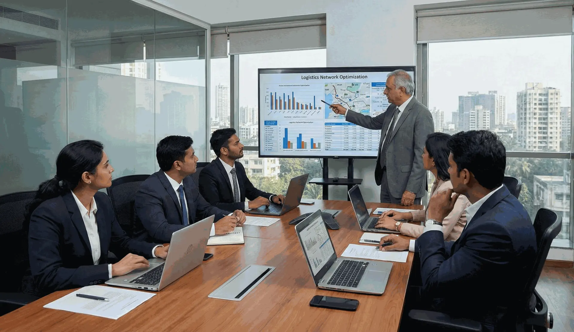 Laja Logistics senior team engaged in a serious strategic planning meeting at the Mumbai headquarters."