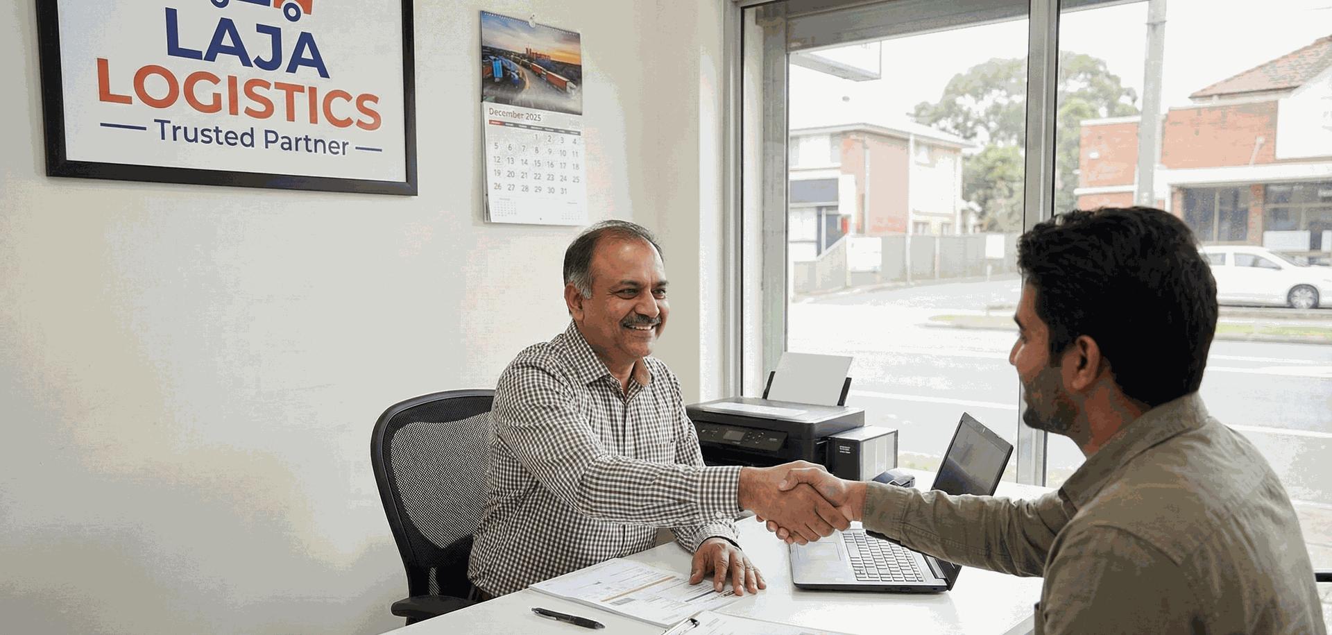 "Small business owner closing a deal in a booking office, representing logistics franchise and agency opportunities with Laja Group."