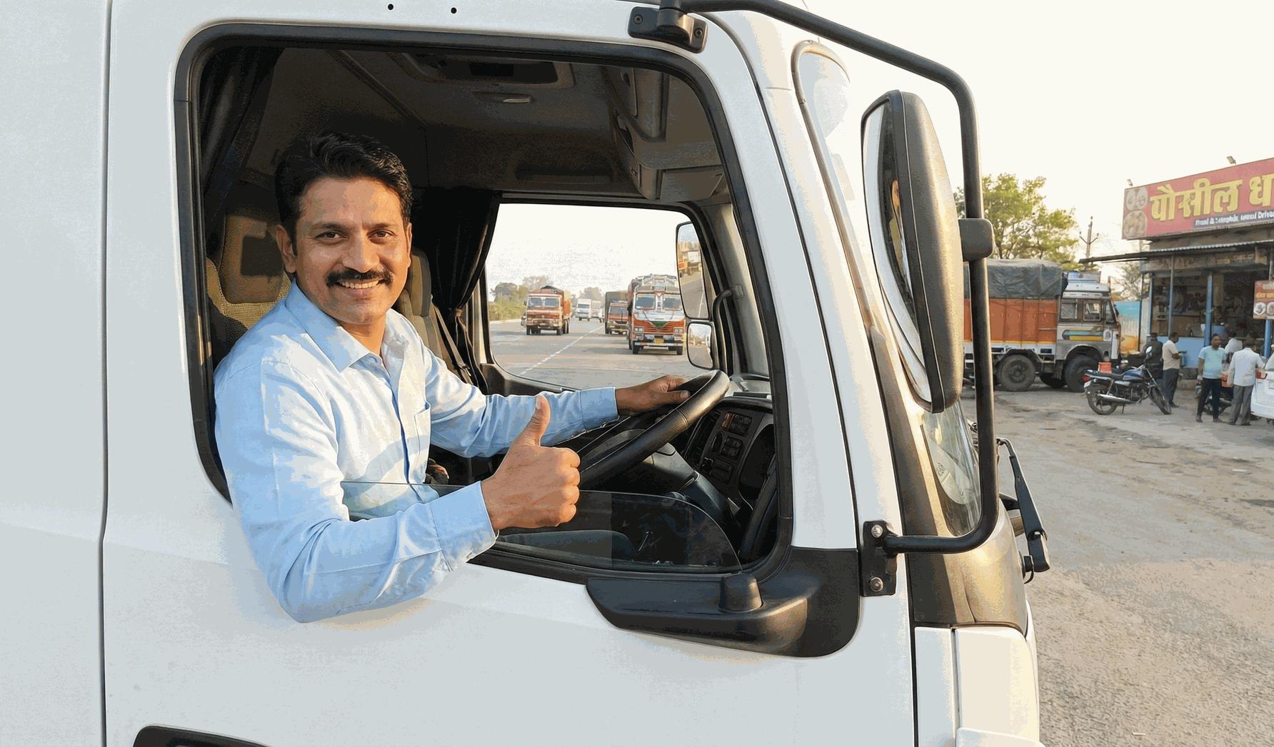 "Happy Indian truck driver sitting in a modern truck cabin giving a thumbs up, highlighting safe and respectful driver jobs at Laja Logistics."