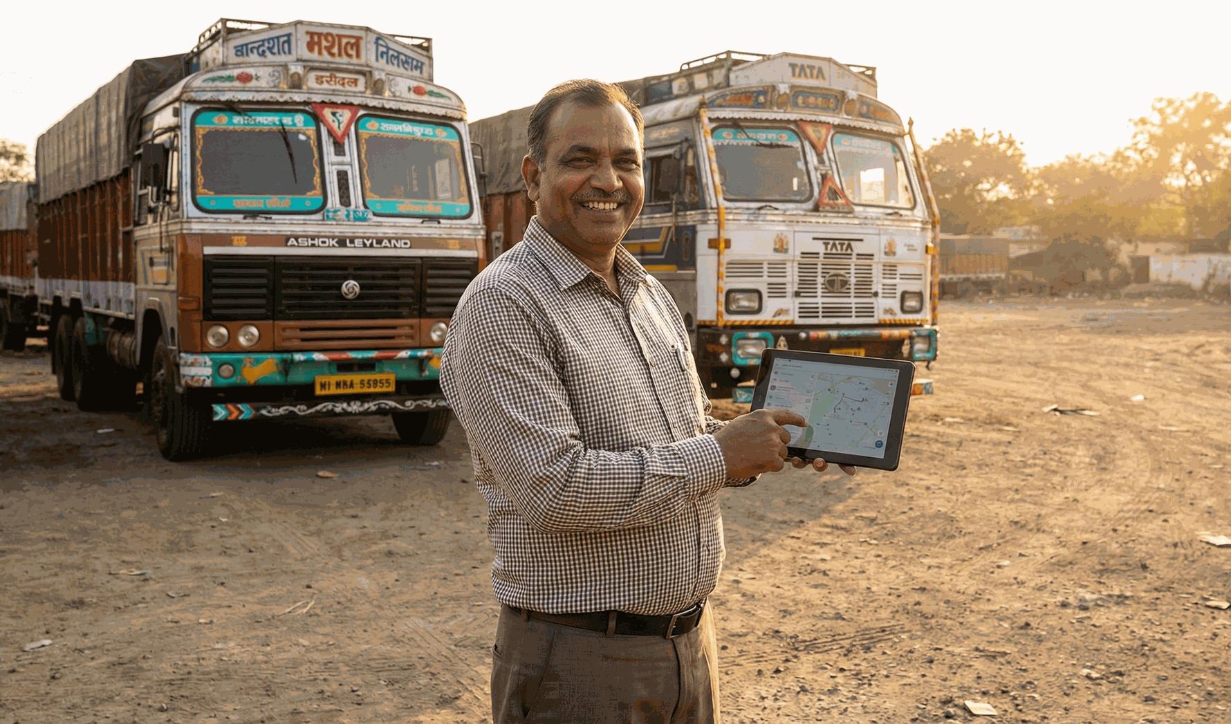 Successful Indian fleet owner managing his trucks using digital tools, representing profitable truck attachment opportunities with Laja Logistics."