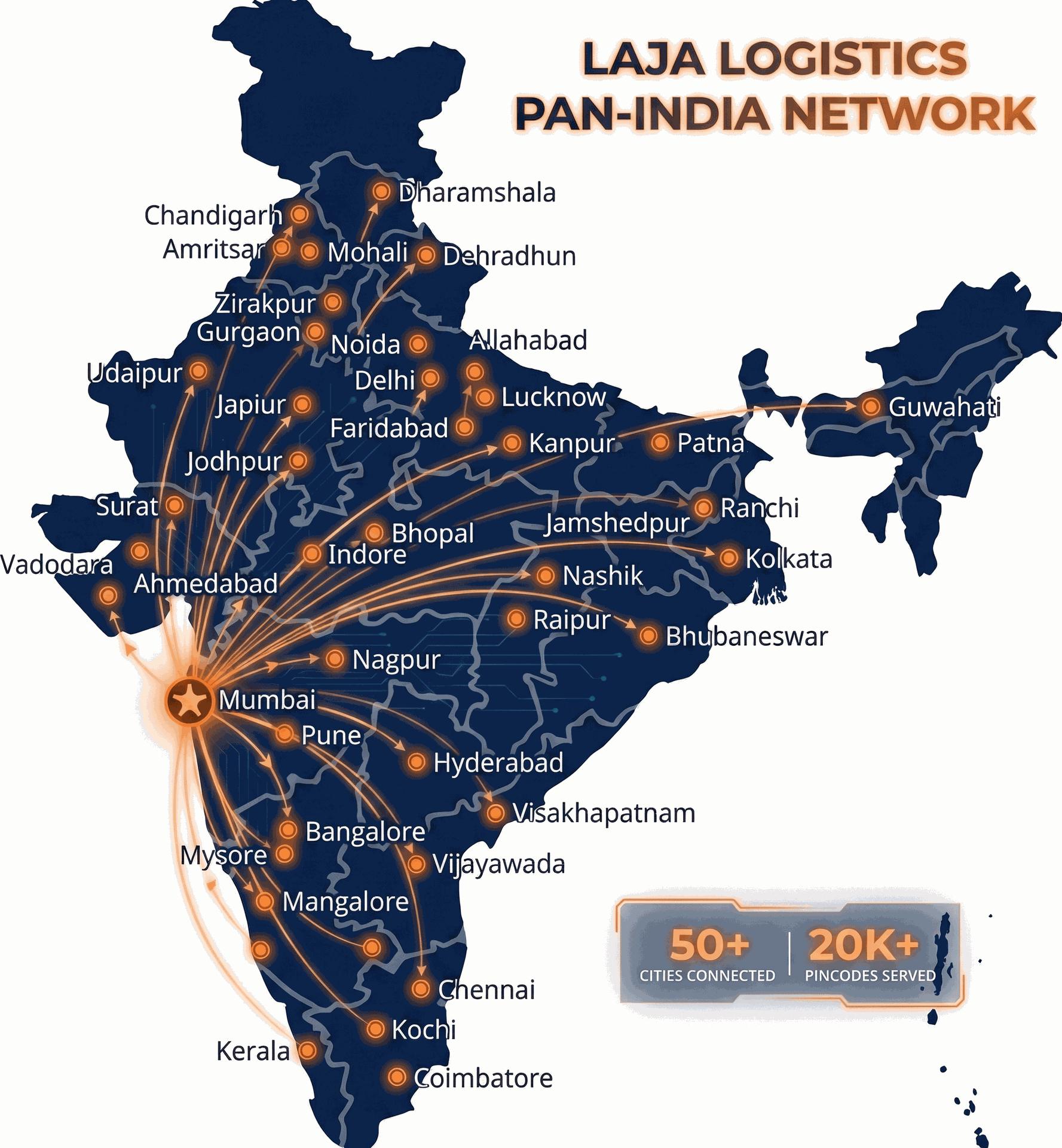 Whether it's a bustling metro city or a remote village, Laja Logistics ensures your goods reach their destination on time. With our centralized hub in Lower Parel, Mumbai, we mana